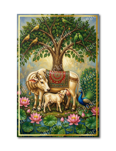 Kamadhenu Cow With Karpaga Virutcham I Kamdhenu Cow Virucham I Komatha I Gomatha I Kamdhenu I Cow Madhubani I Cow with Calf I Sacred Cow I Surabhi I Vastu Wall Poster / Frames