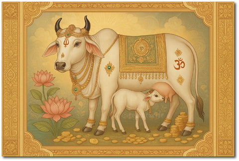 Komatha I Gomatha I Kamdhenu I Kamdhenu Cow I Cow Madhubani I Cow with Calf I Sacred Cow I Vastu I Wall Poster / Frames